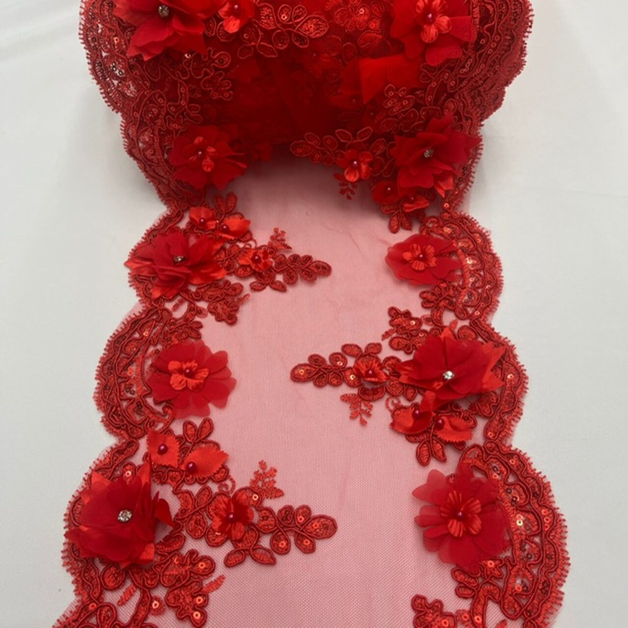 3 Yard Sequin 3D Lace Fabric 22.86 cm Wide Mesh with Pearls, Beads & Embroidery 100% Polyester